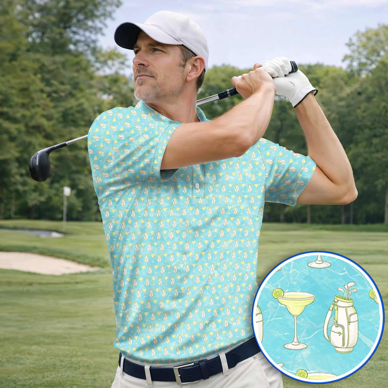 Golf & Margarita Pattern Golf Polos, Margarita Cocktail Golf Shirt, Crazy Golf Gift For Golfer