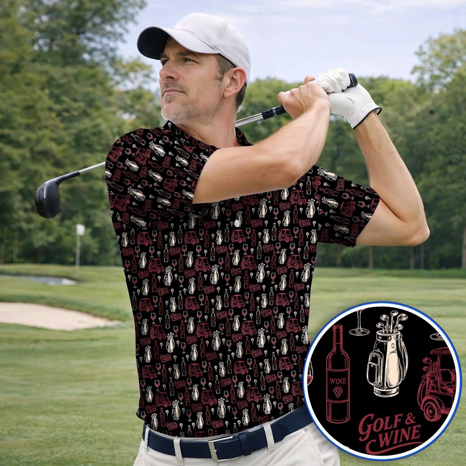 Funny Golf & Wine Pattern Golf Polos, Funny Golf Shirt For Wine Lover, Golf Gift For Golfer