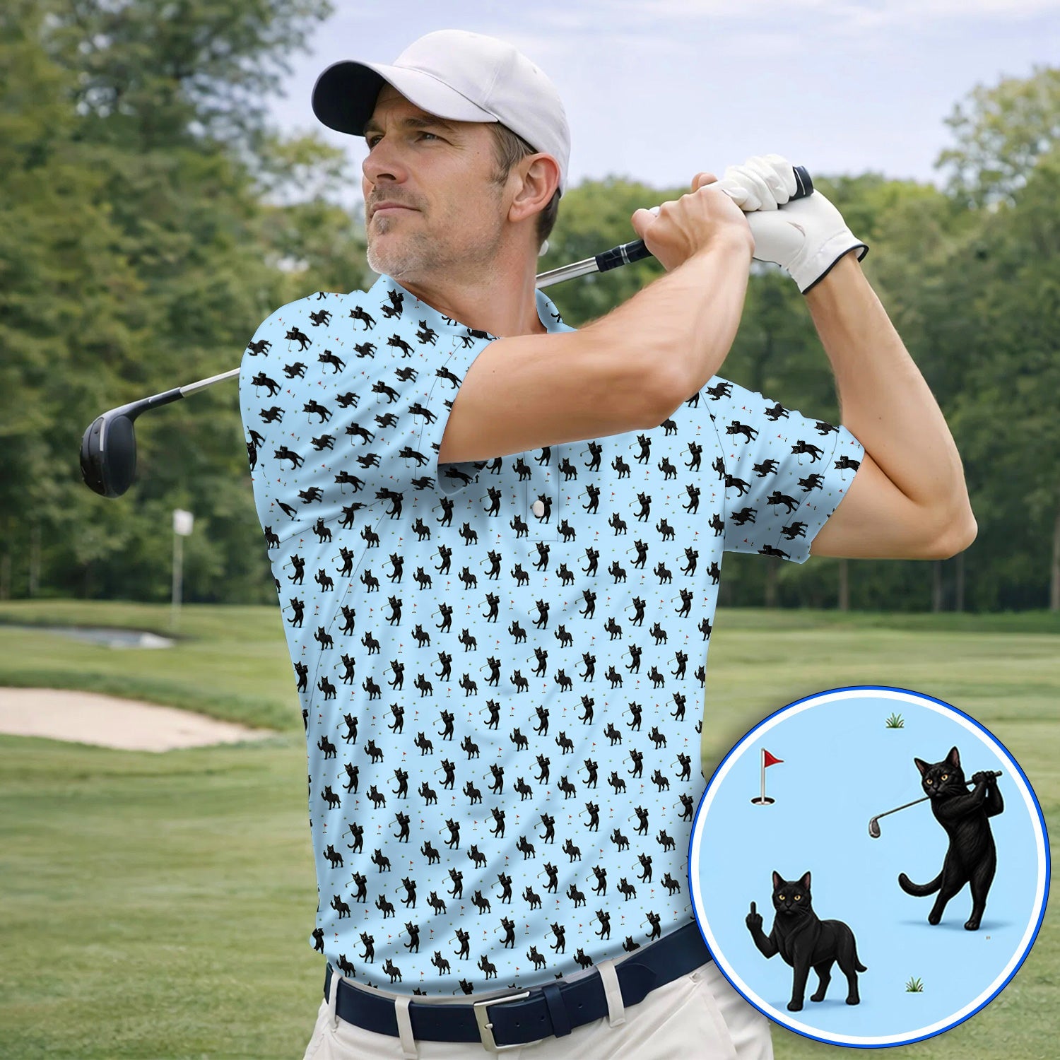 Black Cat Golf Pattern Polos, Funny Golf Shirt For Cat Lover, Unique Birthday Gift For Golf Dad