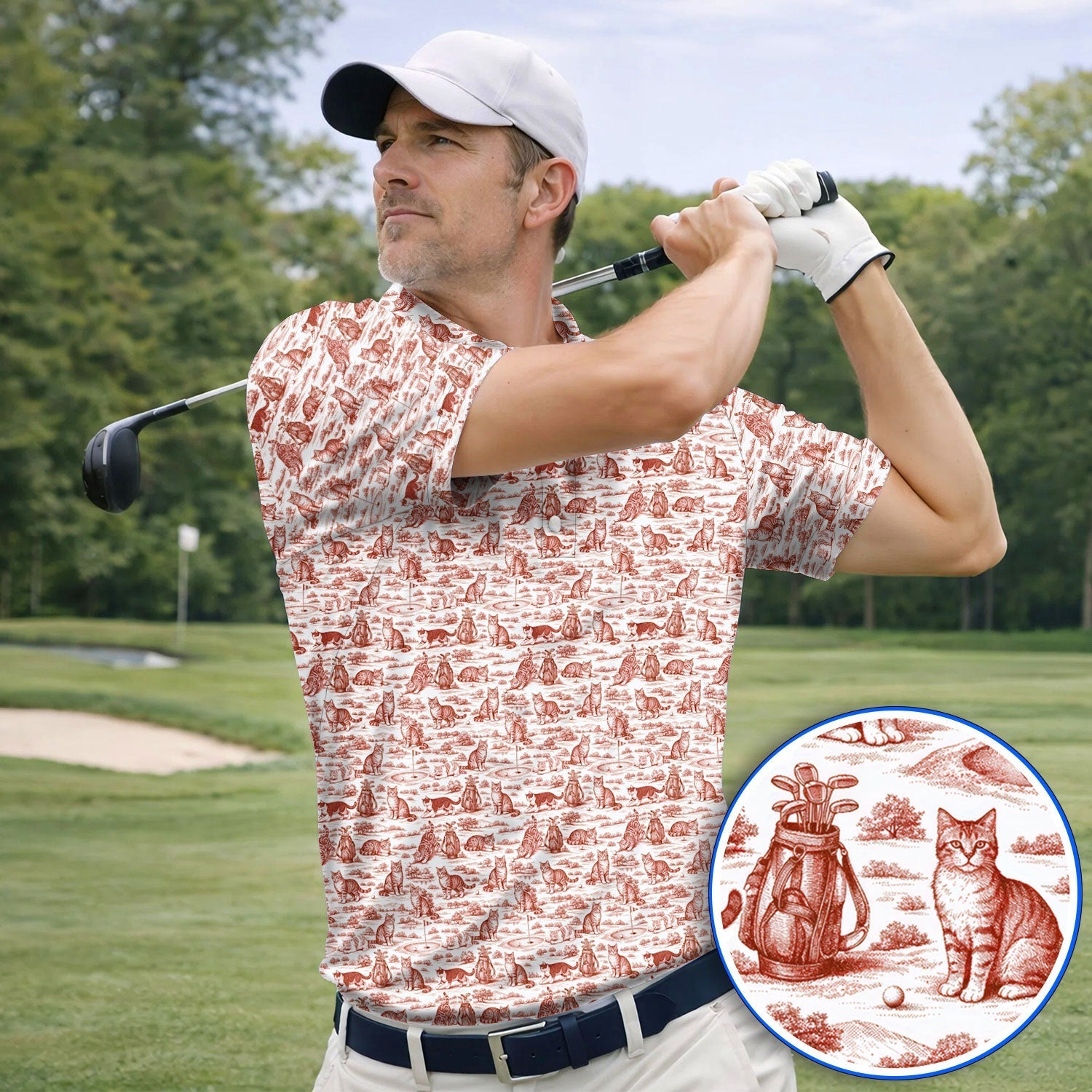 Toile De Jouy Pattern Golf Polos, Crazy Cat Golf Shirt For Golfer, Golf Gift For Pet Lover