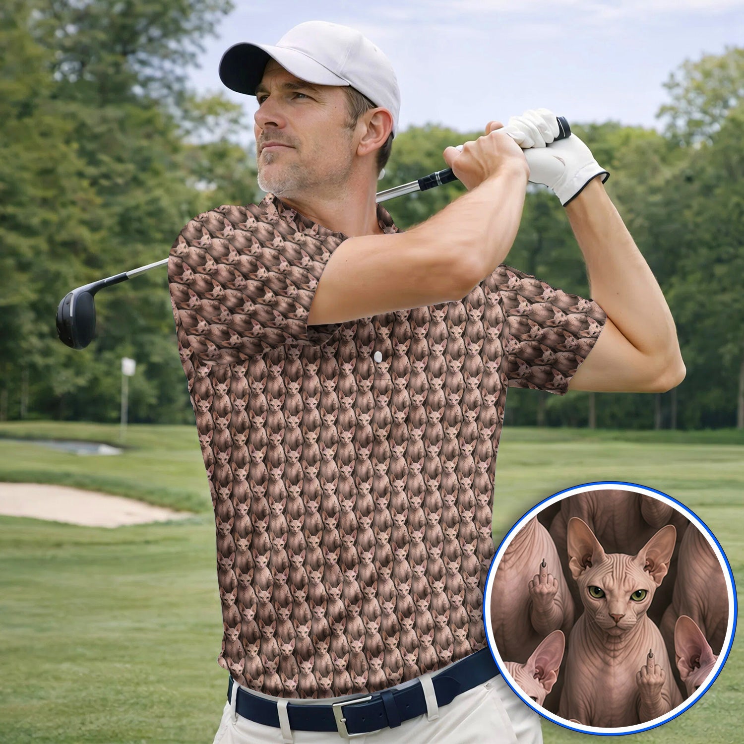Funny Sphynx Cat Golf Polos, Hairless Cat Pattern Golf Shirt, Crazy Golf Gift For Golfer