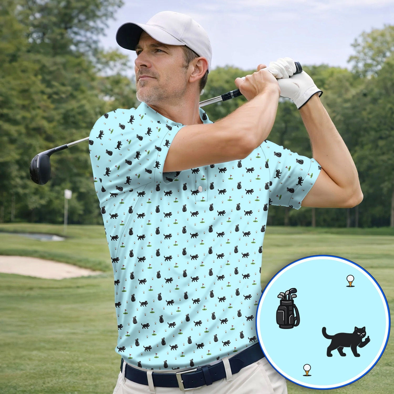 Funny Black Cat Pattern Golf Polos, Cat Golf Shirt For Golfer, Golf Gift For Pet Lover
