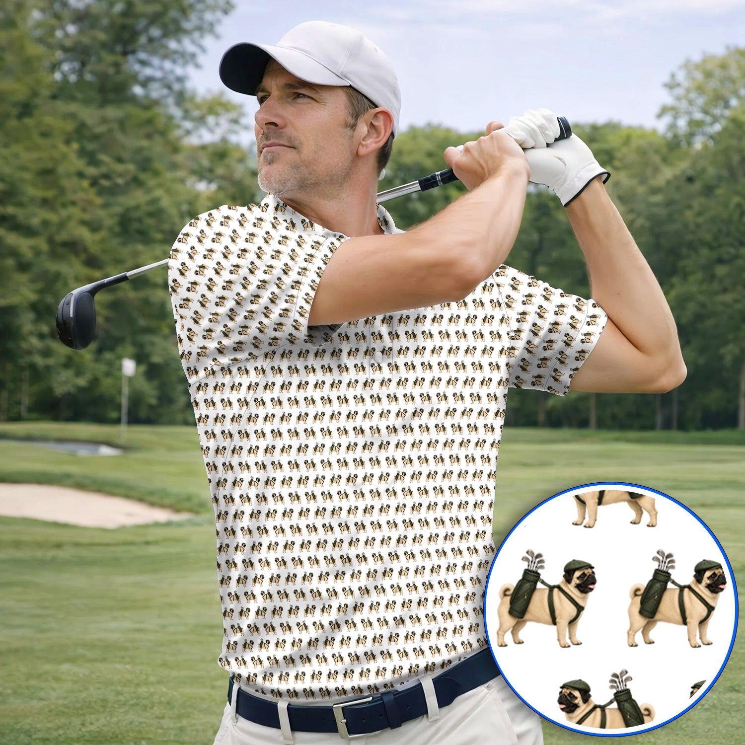 Pug Pattern Golf Polos, Funny Pug Golf Shirt, Dog Lover Golf Gift