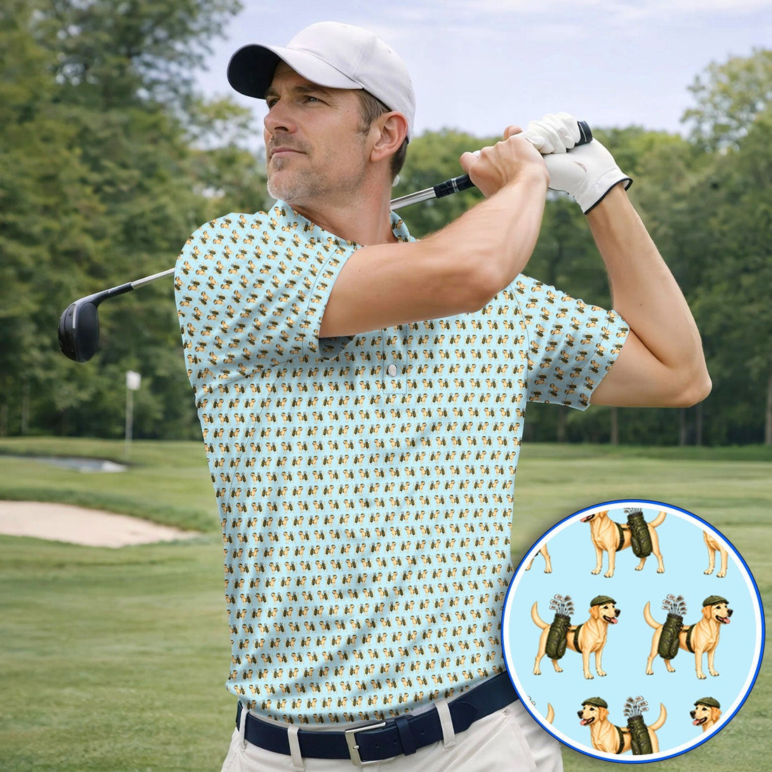 Funny Labrador Retriever Pattern Golf Shirt, Cute Yellow Lab Golf Polos For Pet Lover, Unique Golf Gift For Golfer