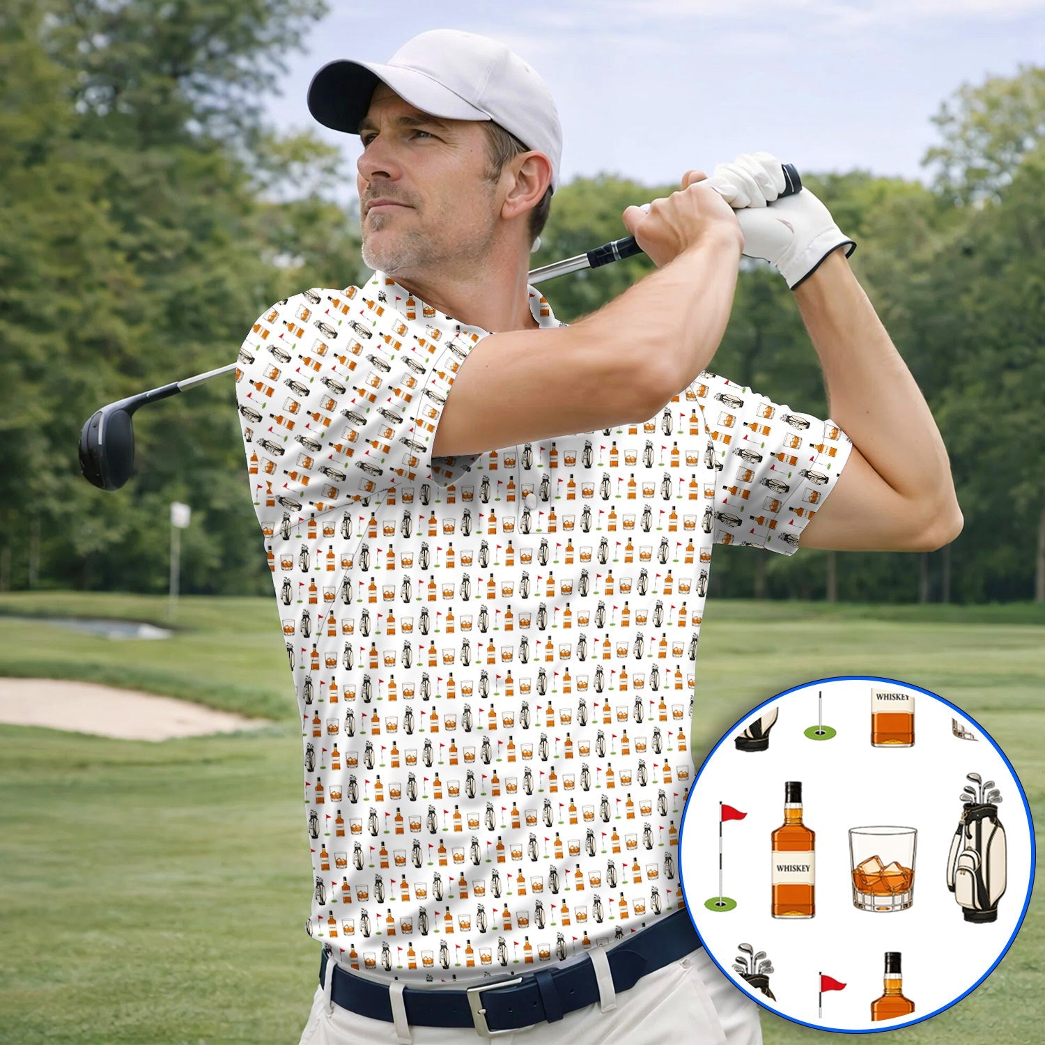 Whiskey Pattern Golf Polos, Bourbon Golf Shirt, Whiskey Golf Lover Gift