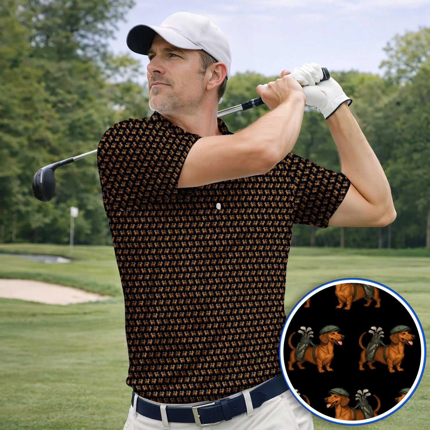 Funny Dachshund Pattern Golf Polos, Crazy Wiener Dog Golf Shirt For Men, Golf Shirt For Golfer