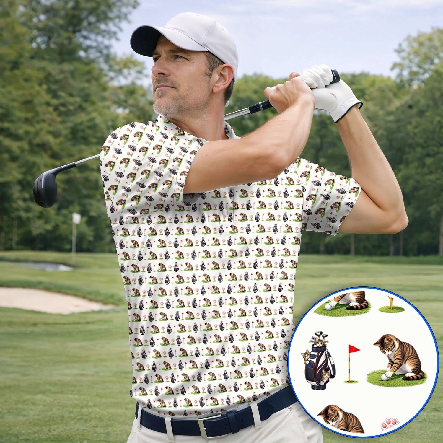Cute Cat Pattern Golf Shirt, Funny Cats Golf Polos, Golf Gift For Golfer And Cat Lover