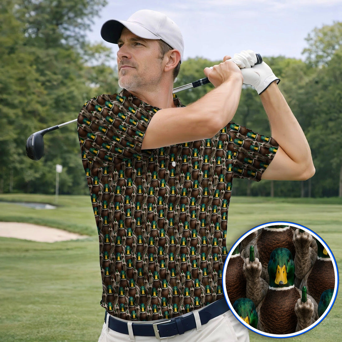 Funny Mallard Duck Pattern Polos, Rebel Duck Hunting Golf Shirt, Golf Gift For Golfer