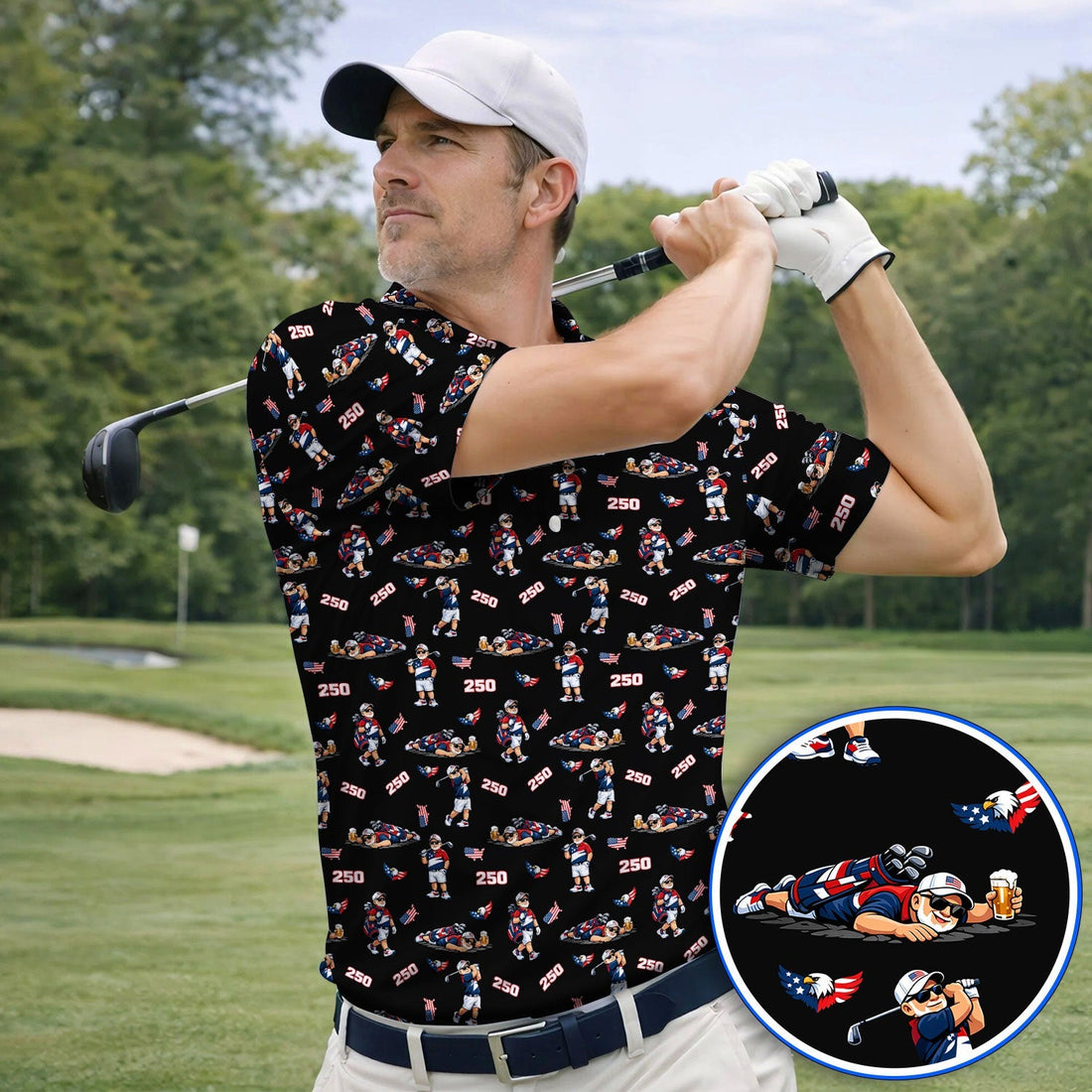 Funny Patriotic USA And Beer Pattern Golf Polos, America 250th Golf Shirt, Golf Gift For Golfer