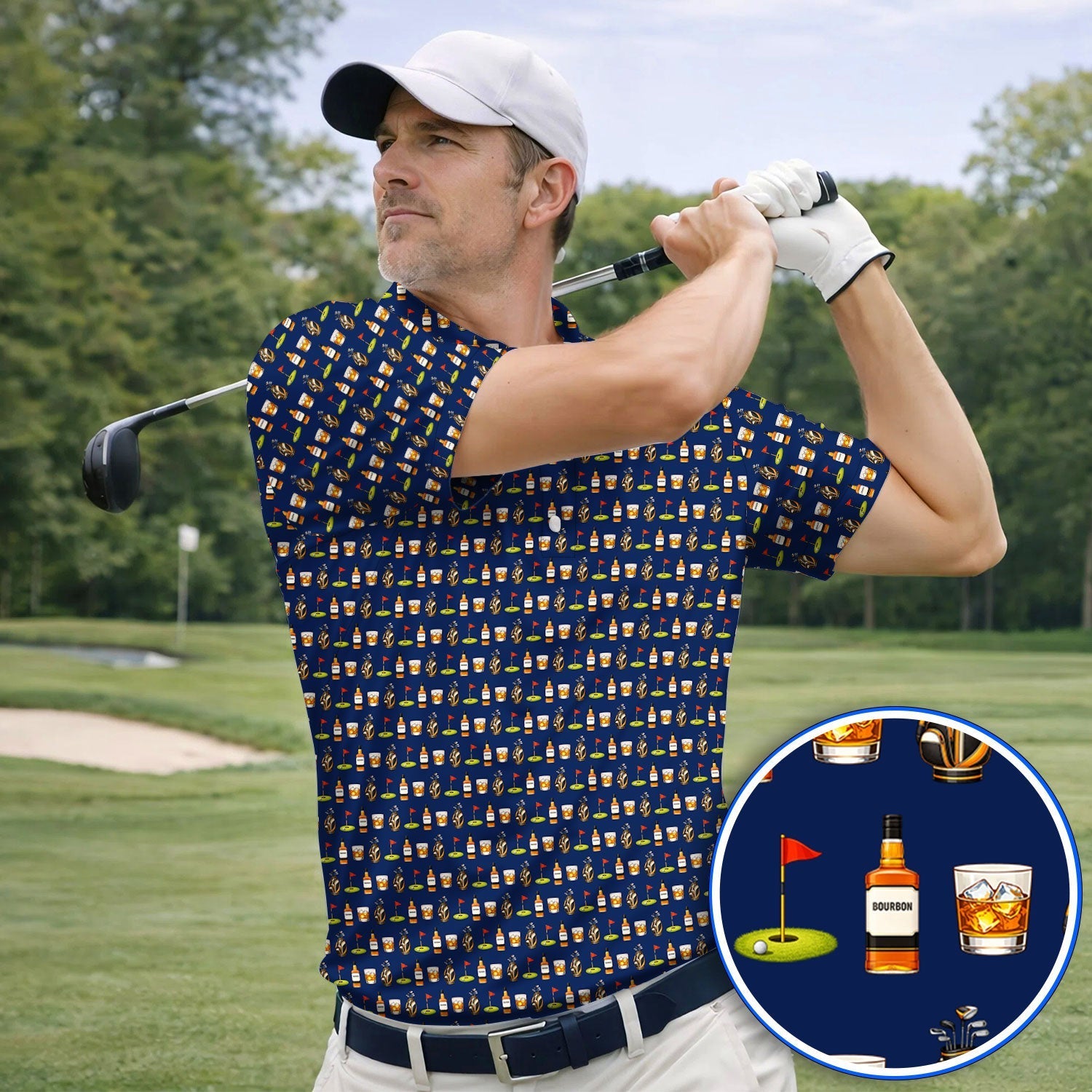 Bourbon Pattern Golf Shirt, Funny Golf Polos For Golfer, Golfer Whiskey Shirt For Men