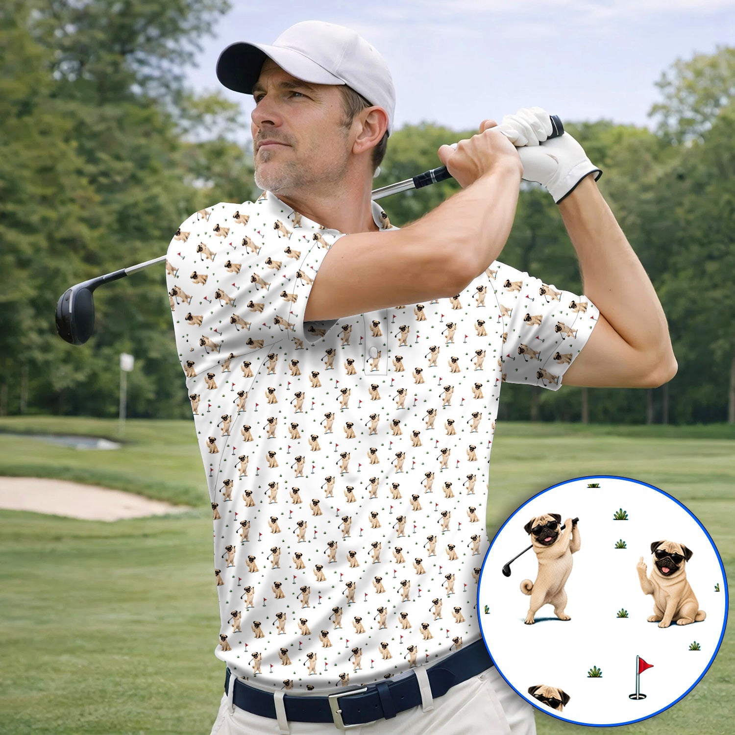 Pug Pattern Golf Shirt, Funny Pug Golf Polos, Crazy Golf Gift For Golfer