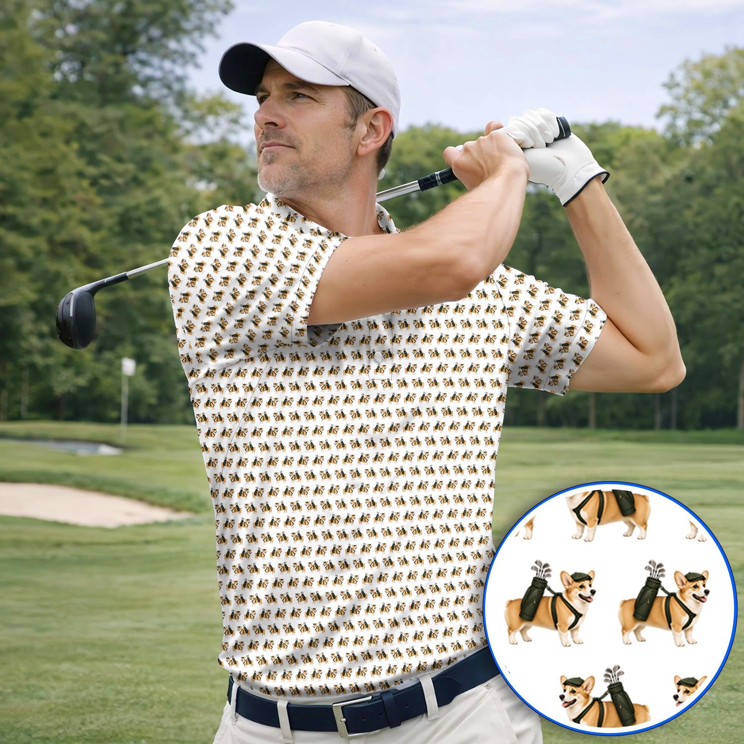 Funny Corgi Golf Polos For Golfer, Corgi Pattern Golf Shirt, Dog Lover Golf Gift