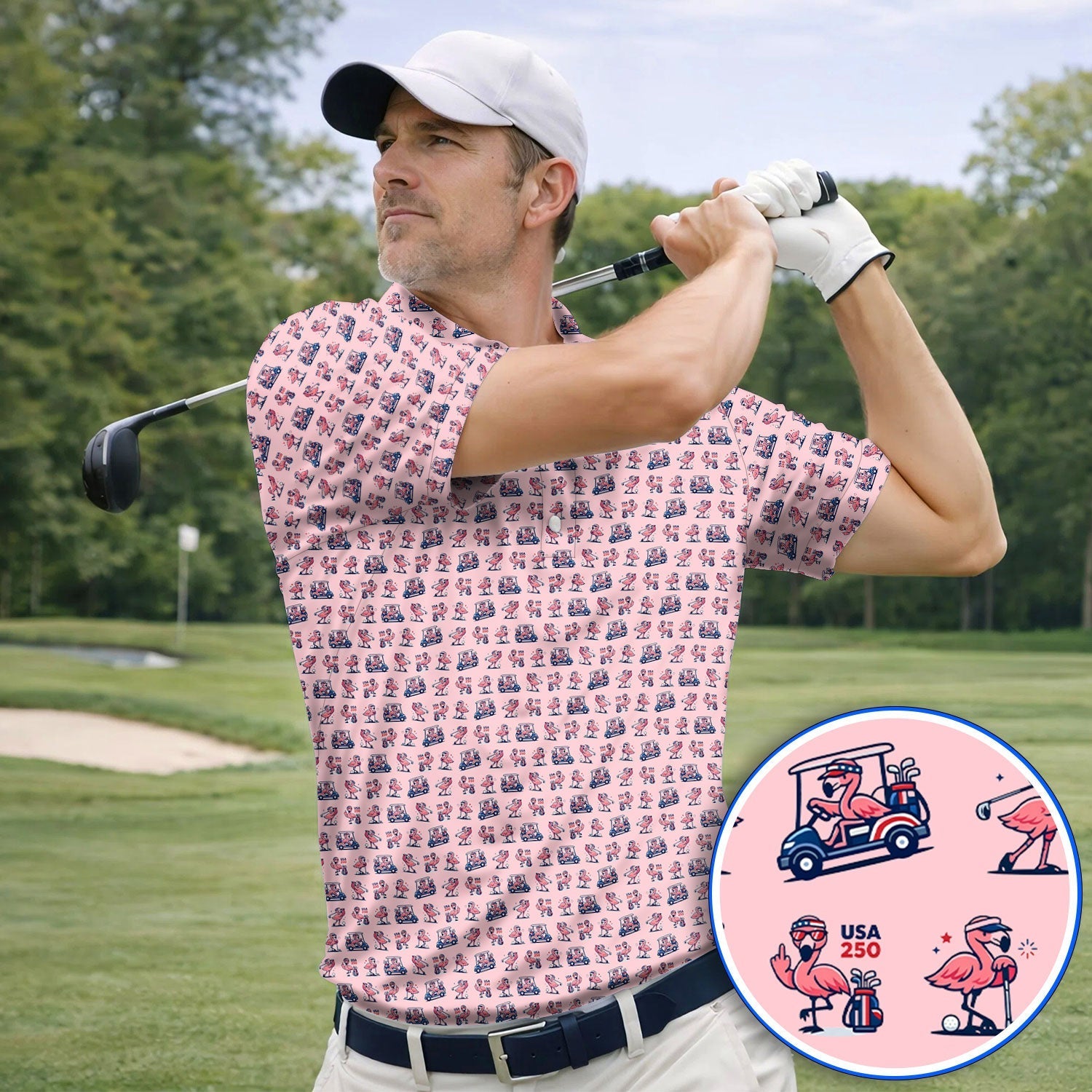 Funny Flamingo Pattern Golf Polos, USA 250 Patriotic Summer Golf Shirt, Crazy Golf Gift For Golfer