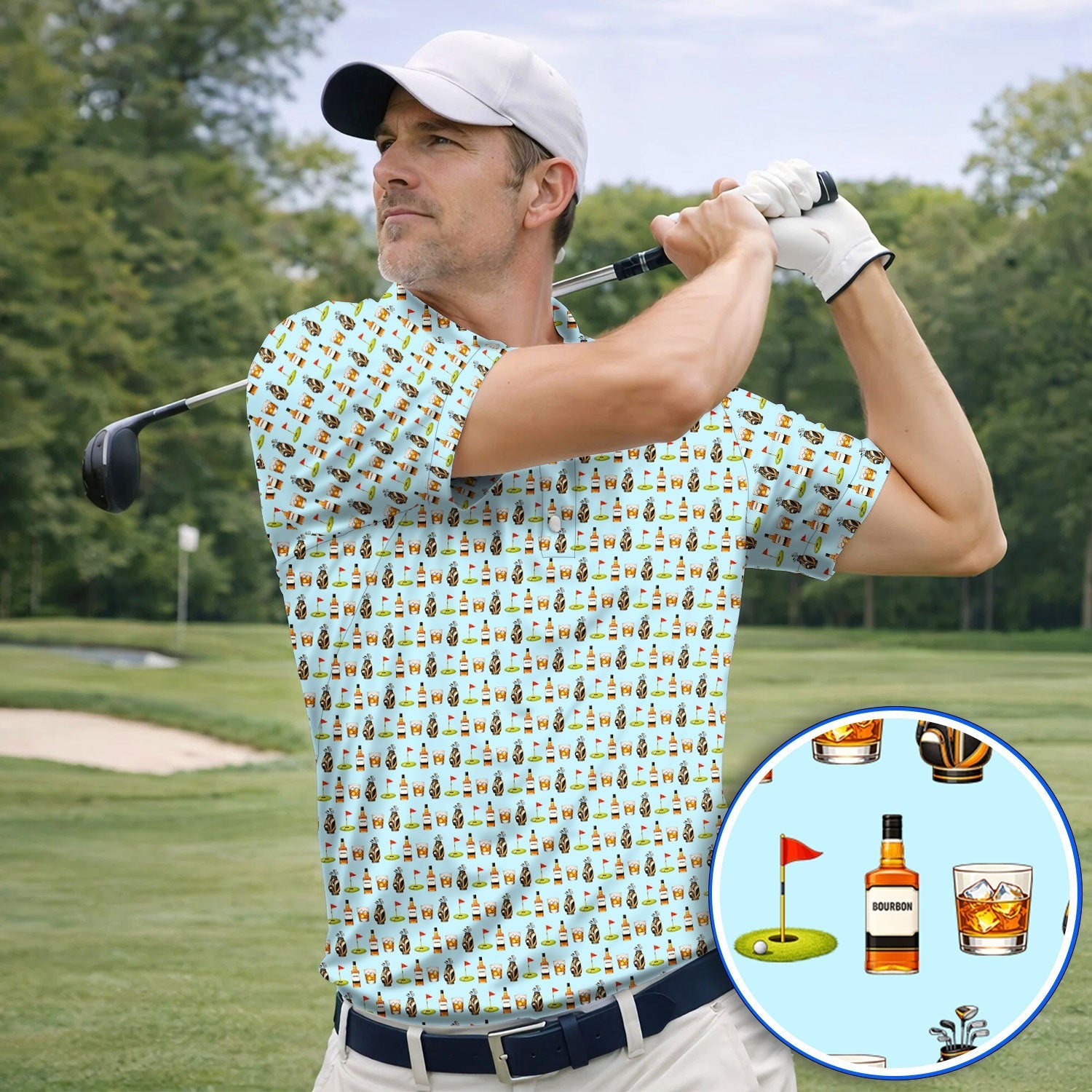 Bourbon Pattern Golf Shirt, Funny Golf Polos For Golfer, Golfer Whiskey Shirt For Golf Lovers