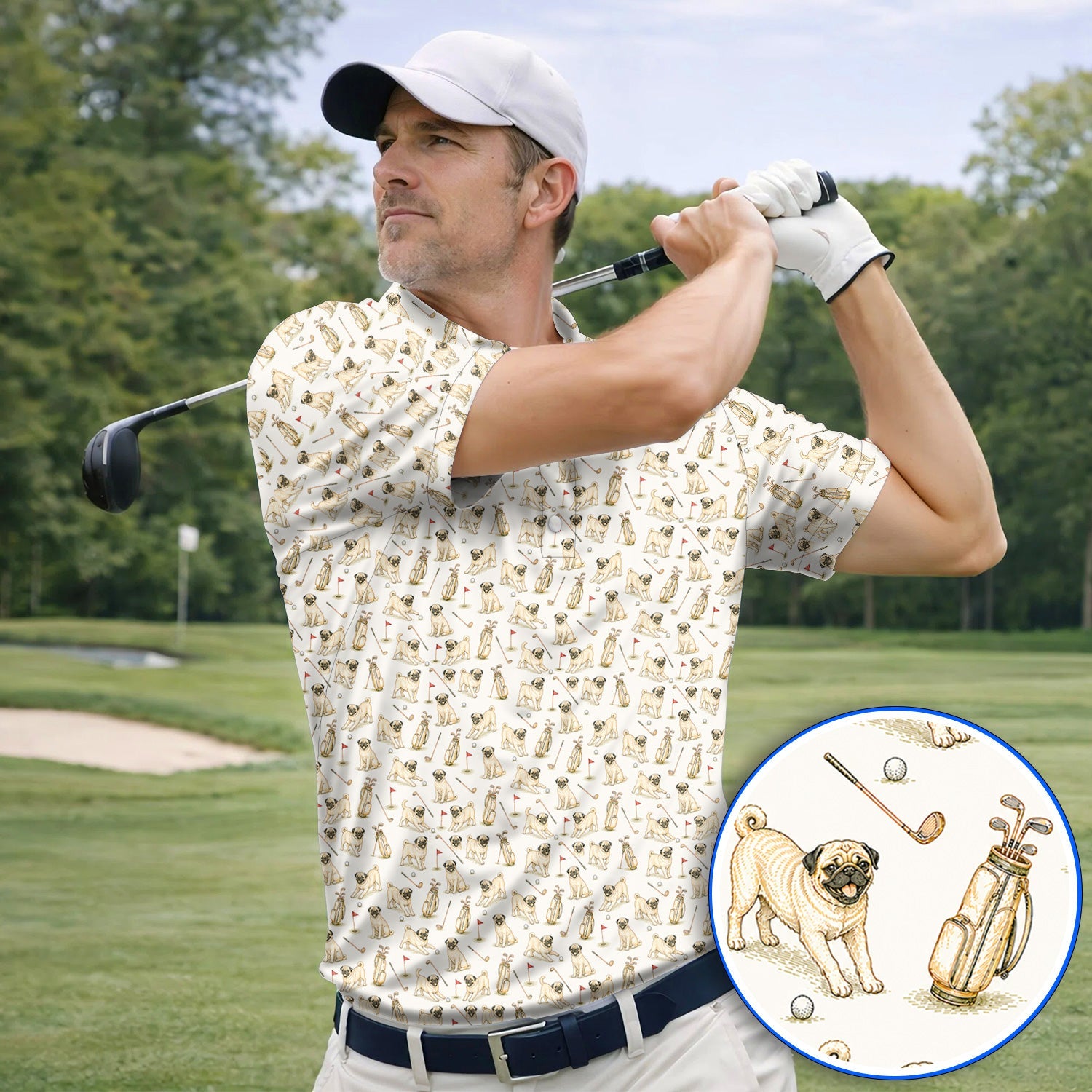 Funny Pug Golf Shirt, Pug Pattern Golf Polos, Crazy Golf Gift For Golfer