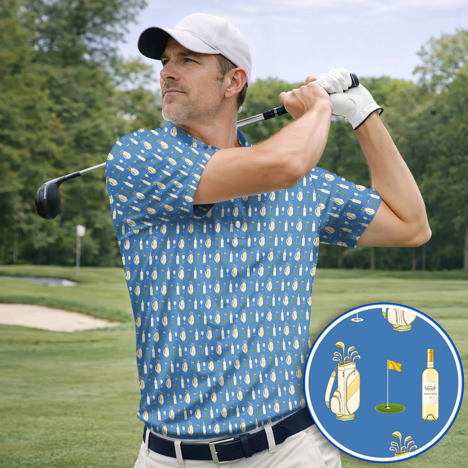 White Wine Pattern Golf Polos, Elegant Winery Golf Shirt, Wine Golf Gift For Golfer