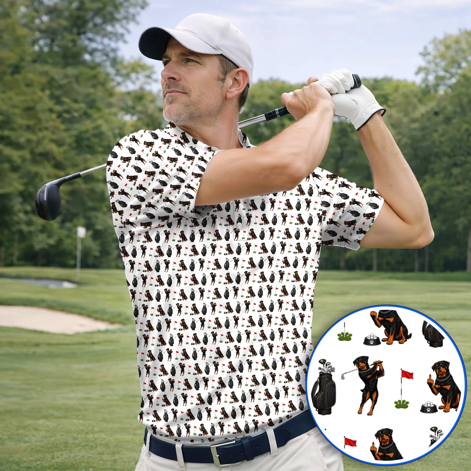Funny Rottweiler Golf Polos, Rottweiler Pattern Golf Polos, Dog Dad Golf Shirt