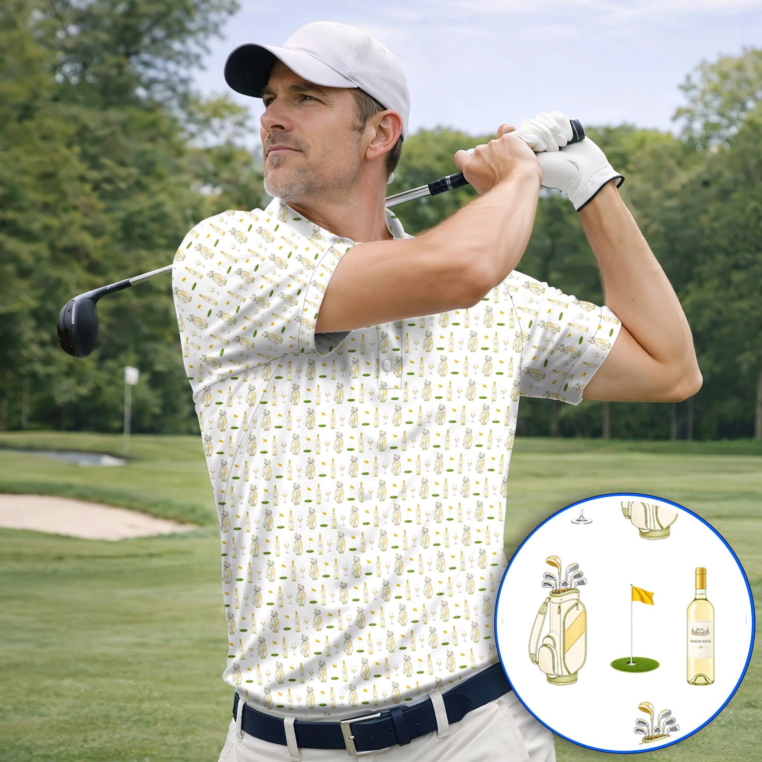 White Wine Pattern Golf Polos, Elegant Winery Golf Shirt, Wine Golf Gift For Golfer