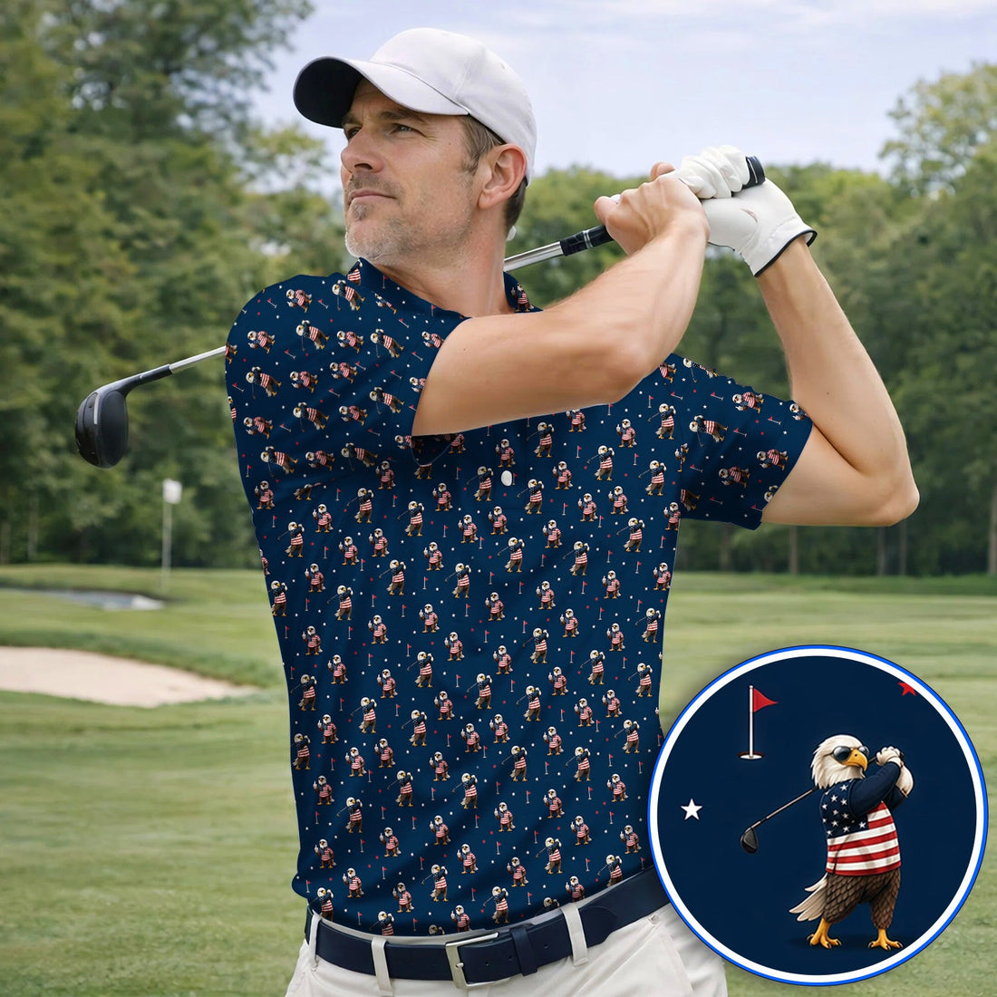 Patriotic Bald Eagle Golf Polos, American Flag Eagle Pattern Golf Shirt, USA Golf Gift For Golfer