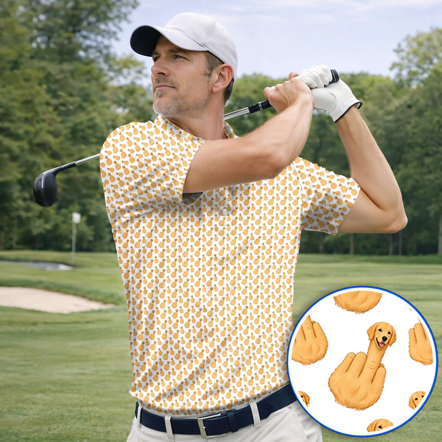 Golden Retriever Middle Finger Golf Shirt, Funny Dog Pattern Golf Polos, Crazy Golf Gift For Golfer