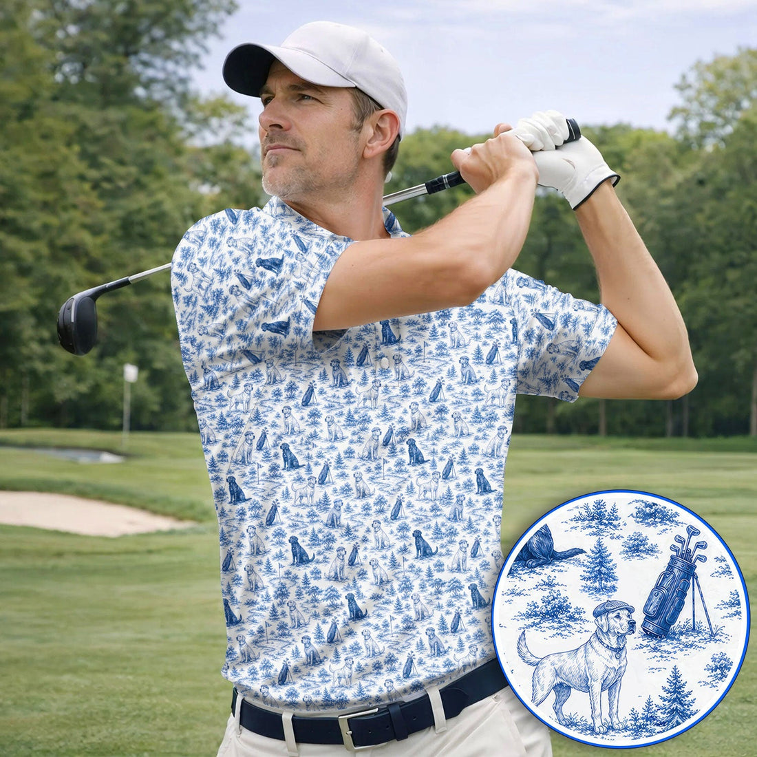 Labrador Toile De Jouy Pattern Golf Shirt, Classic Dog Lover Golf Polos, Luxury Golf Gift For Golfer