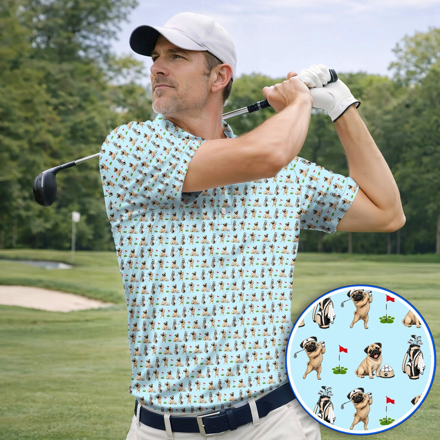 Funny Pug Golf Shirt, Pug Pattern Golf Polos, Dog Lover Golf Gift