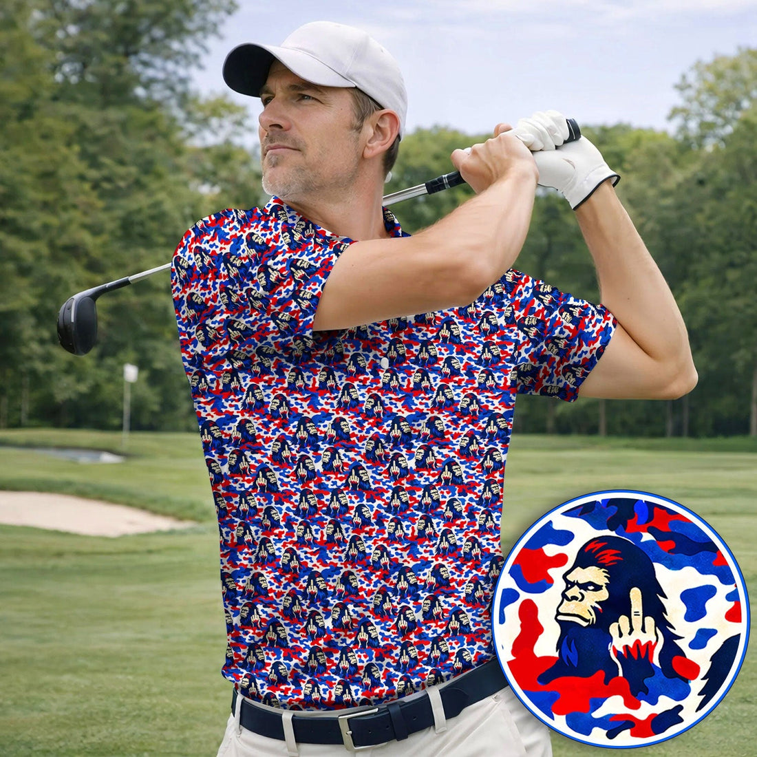 Funny Patriotic Bigfoot Golf Polos , USA Camo Sasquatch Golf Shirt, Golf Gift For Golfer