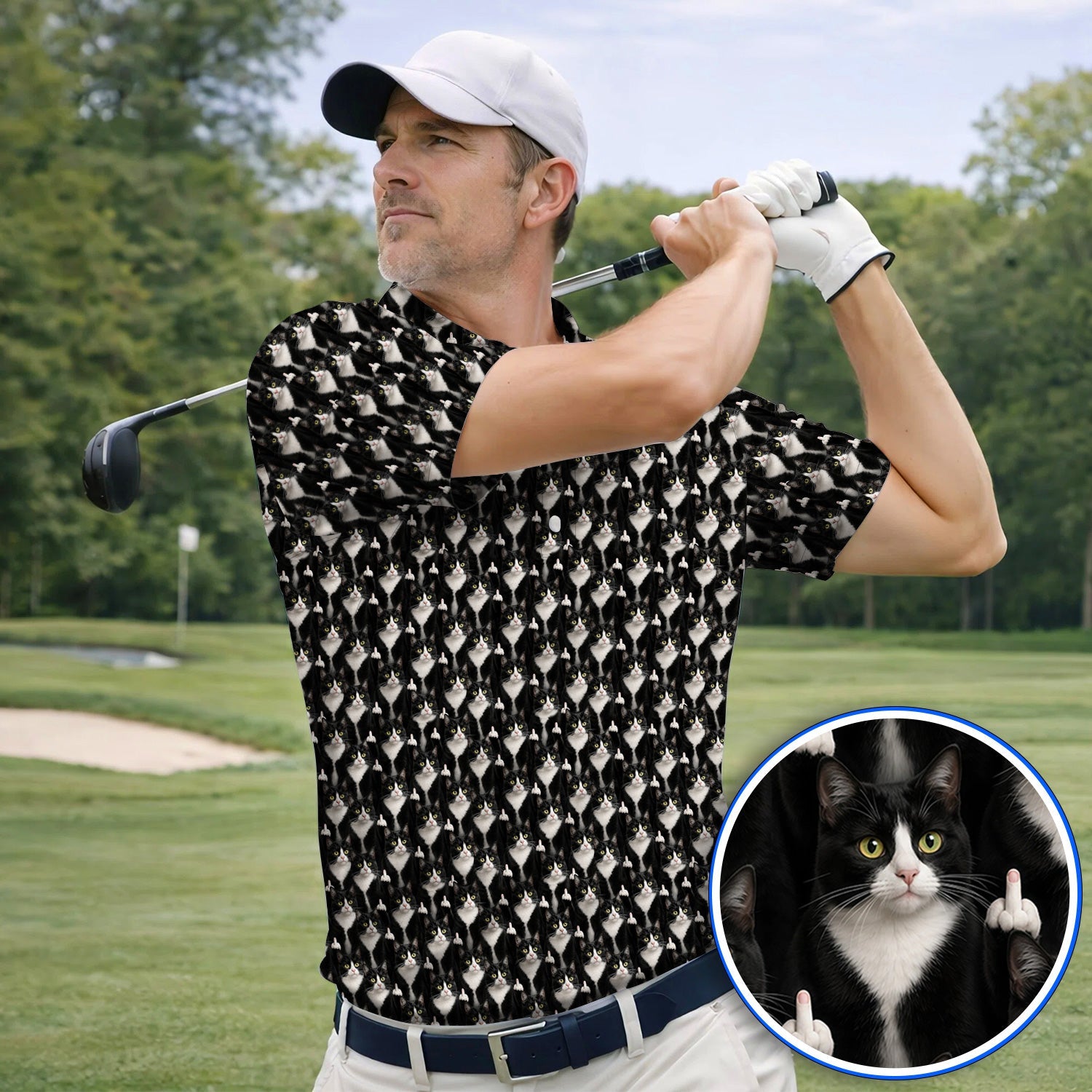 Funny Tuxedo Cat Golf Polos, Black White Cat Pattern Golf Shirt, Crazy Cat Dad Golf Apparel