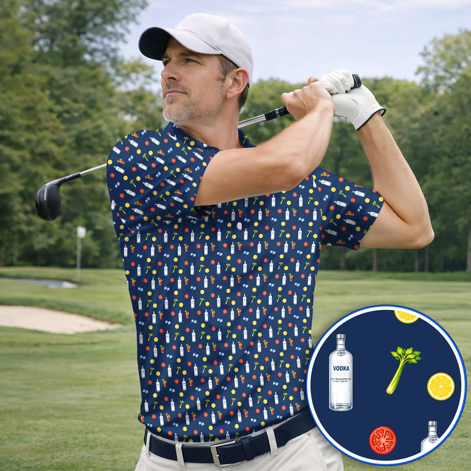 Bloody Mary Cocktail Golf Polos, Funny Golfer Drink Pattern Shirt, Country Club Golf Apparel