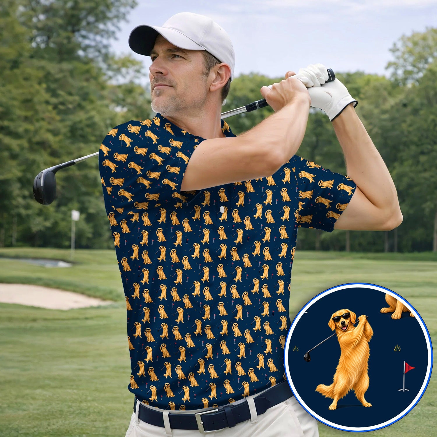 Golden Retriever Fairway Golf Shirt, Golf Dog Pattern Polos, Gift For Golden Retriever Owners