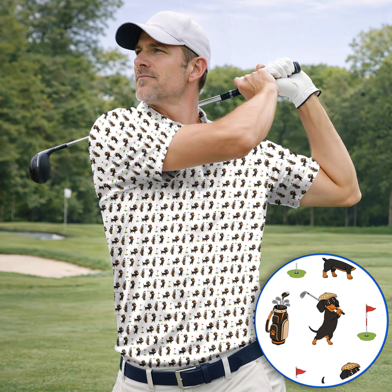 Dachshund Golf Polos, Funny Wiener Dog Pattern Golf Shirt, Doxie Lover Golf Gift