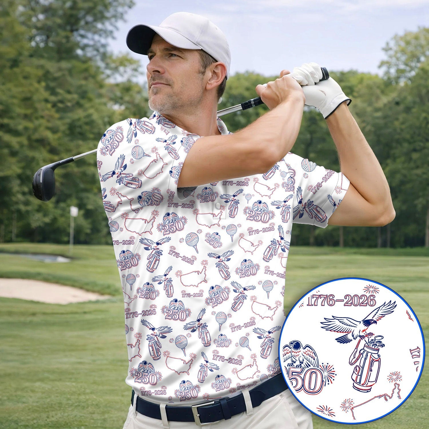 USA Patriotic Eagle Golf Polos, 1776–2026 America 250th Pattern Golf Shirt For Golfer, Crazy Golf Shirt