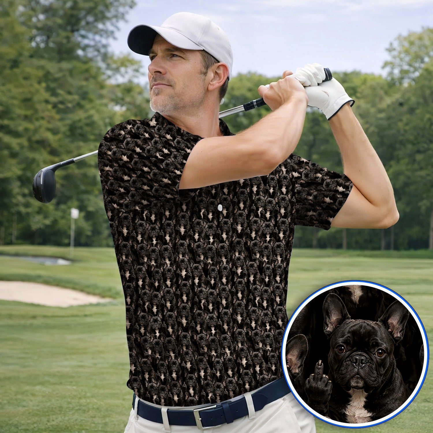 Black French Bulldog Pattern Golf Polos, Funny Frenchie Golf Shirt, Dog Dad Golf Gift