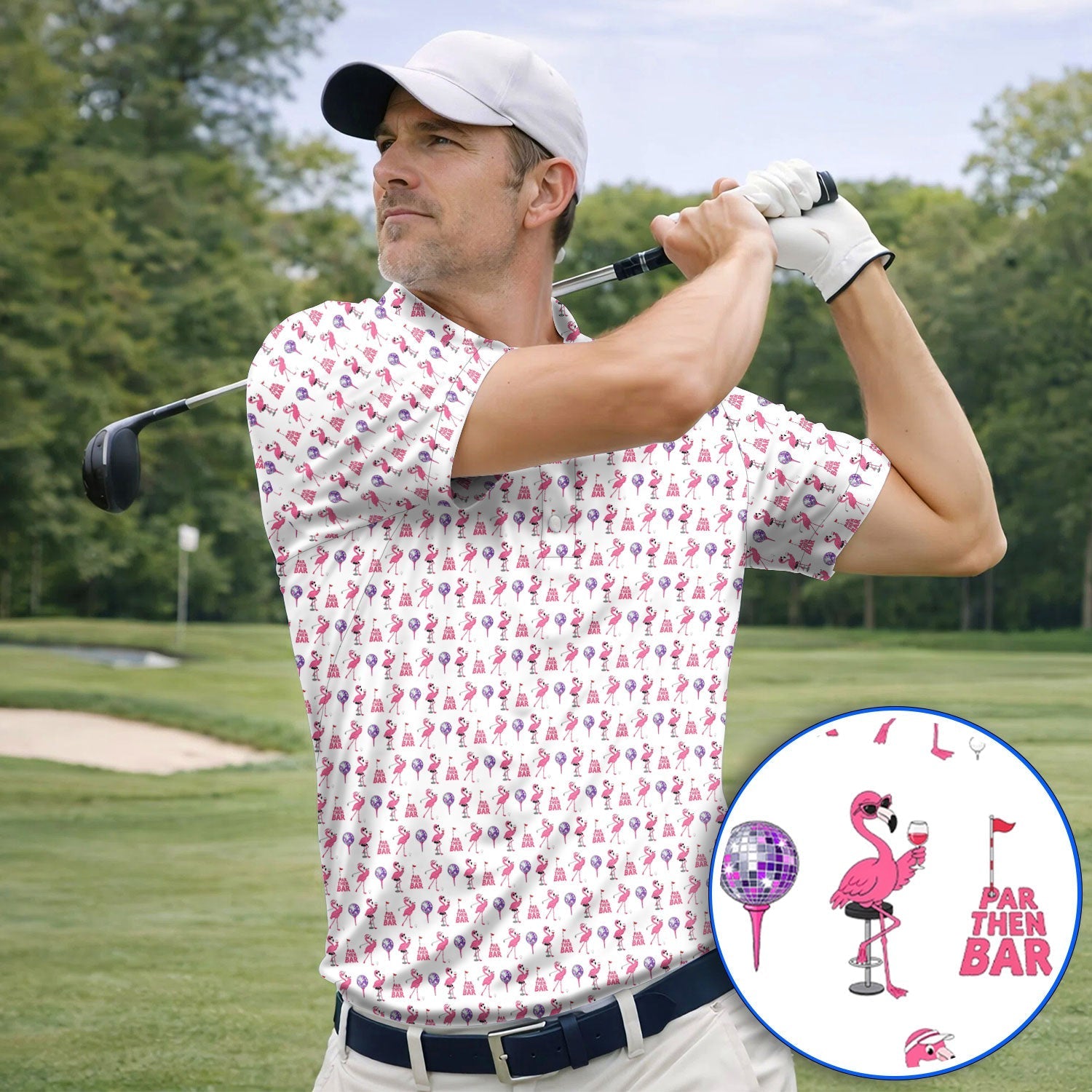 Funny Tropical Flamingo Pattern Golf Shirt, Pink Flamingo Bird Golf Polos, Unique Summer Golf Gift For Golfer