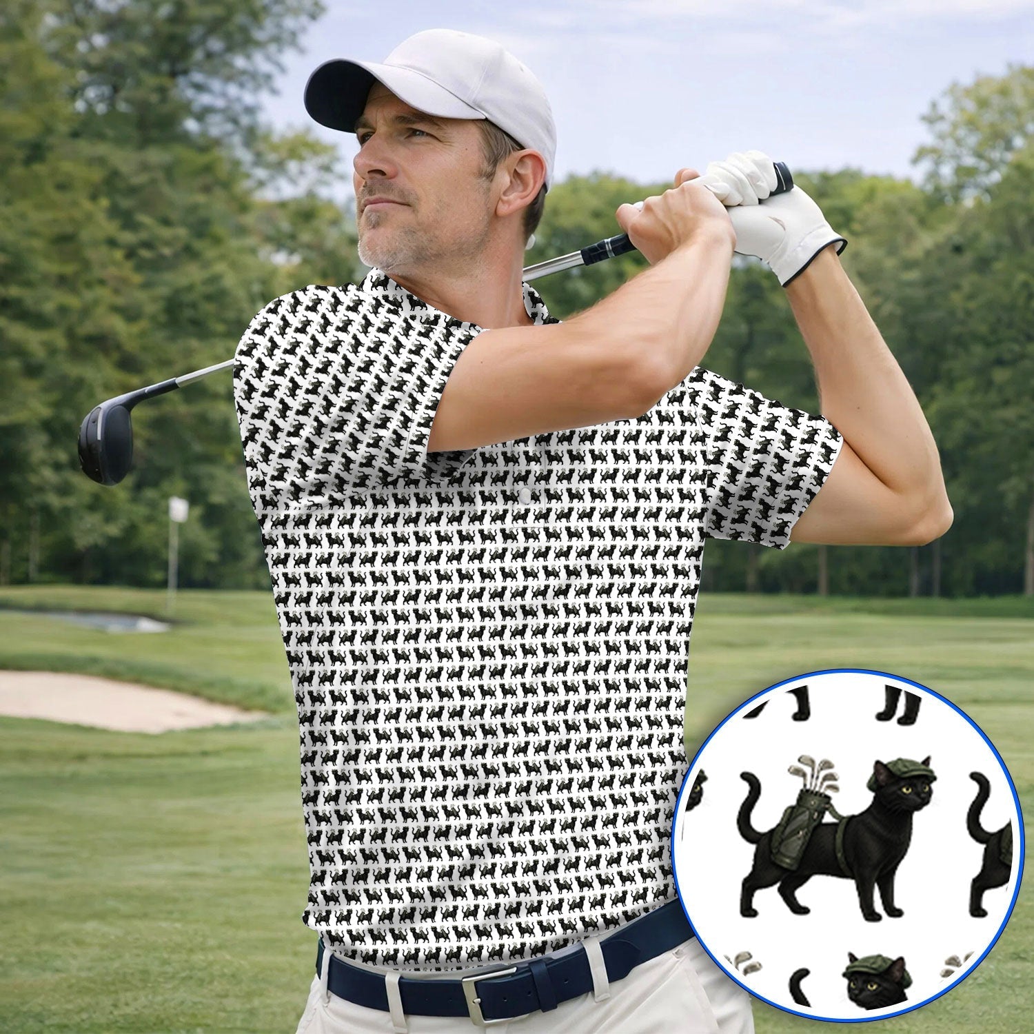 Cat Pattern Golf Shirt, Funny Pet Lover Golf Polos, Crazy Golf Gift For Golfer