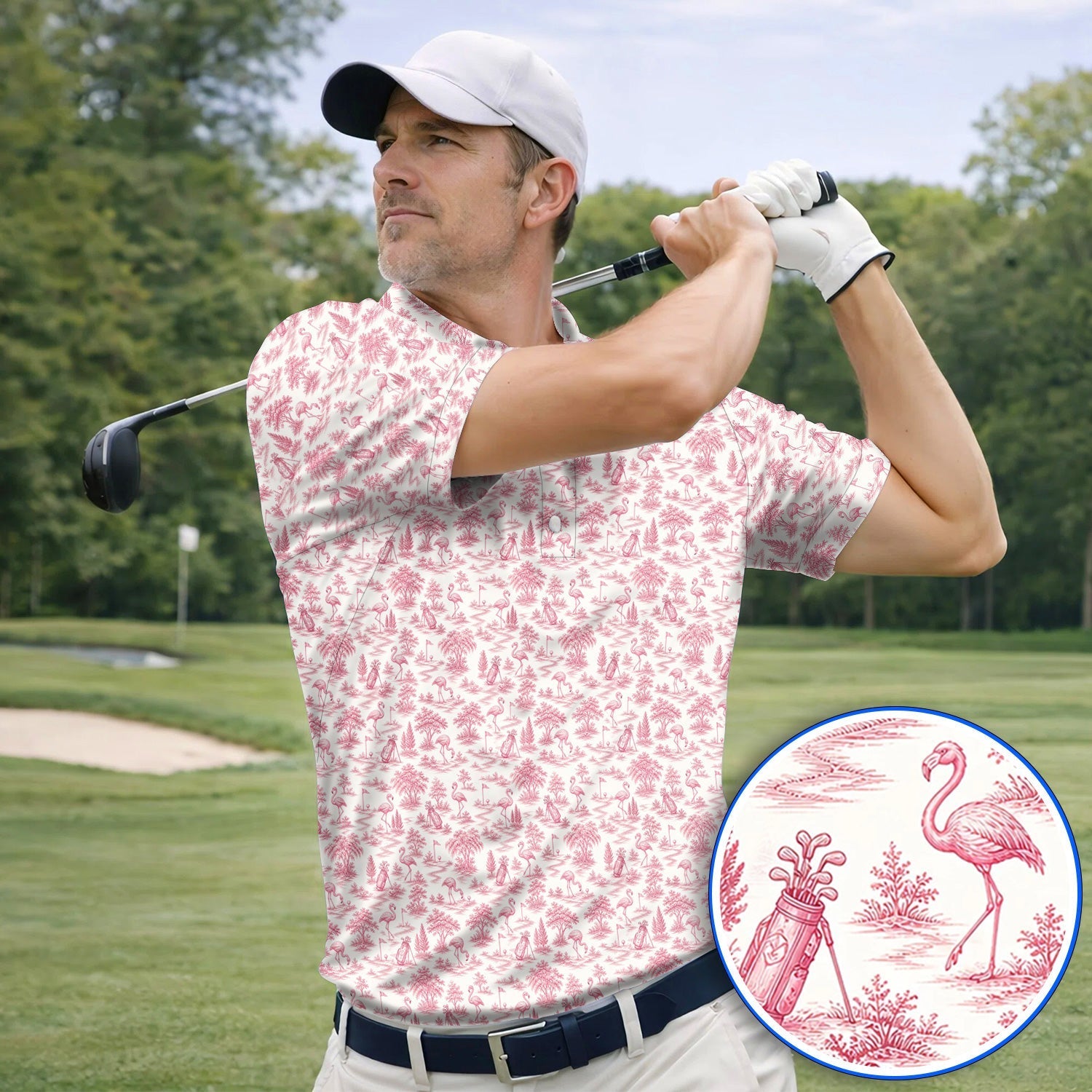 Toile De Jouy Flamingo Pattern Golf Shirt, Crazy Pink Golf Polos, Golf Gift For Golfer