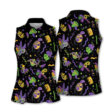Mardi Gras Golf Sleeveless Polo ShirtWomens, Mardi Gras Black Golf Shirt, Ladies Golf Shirt