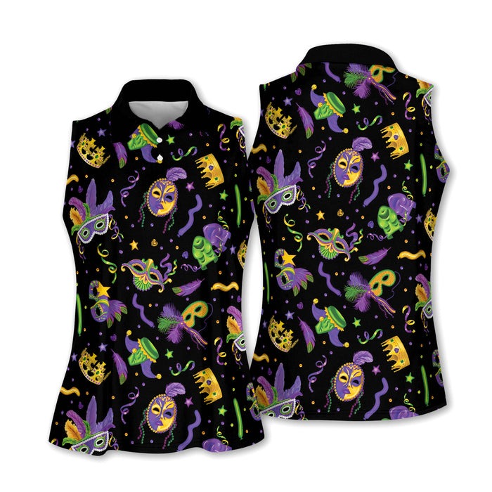 Mardi Gras Golf Sleeveless Polo ShirtWomens, Mardi Gras Black Golf Shirt, Ladies Golf Shirt