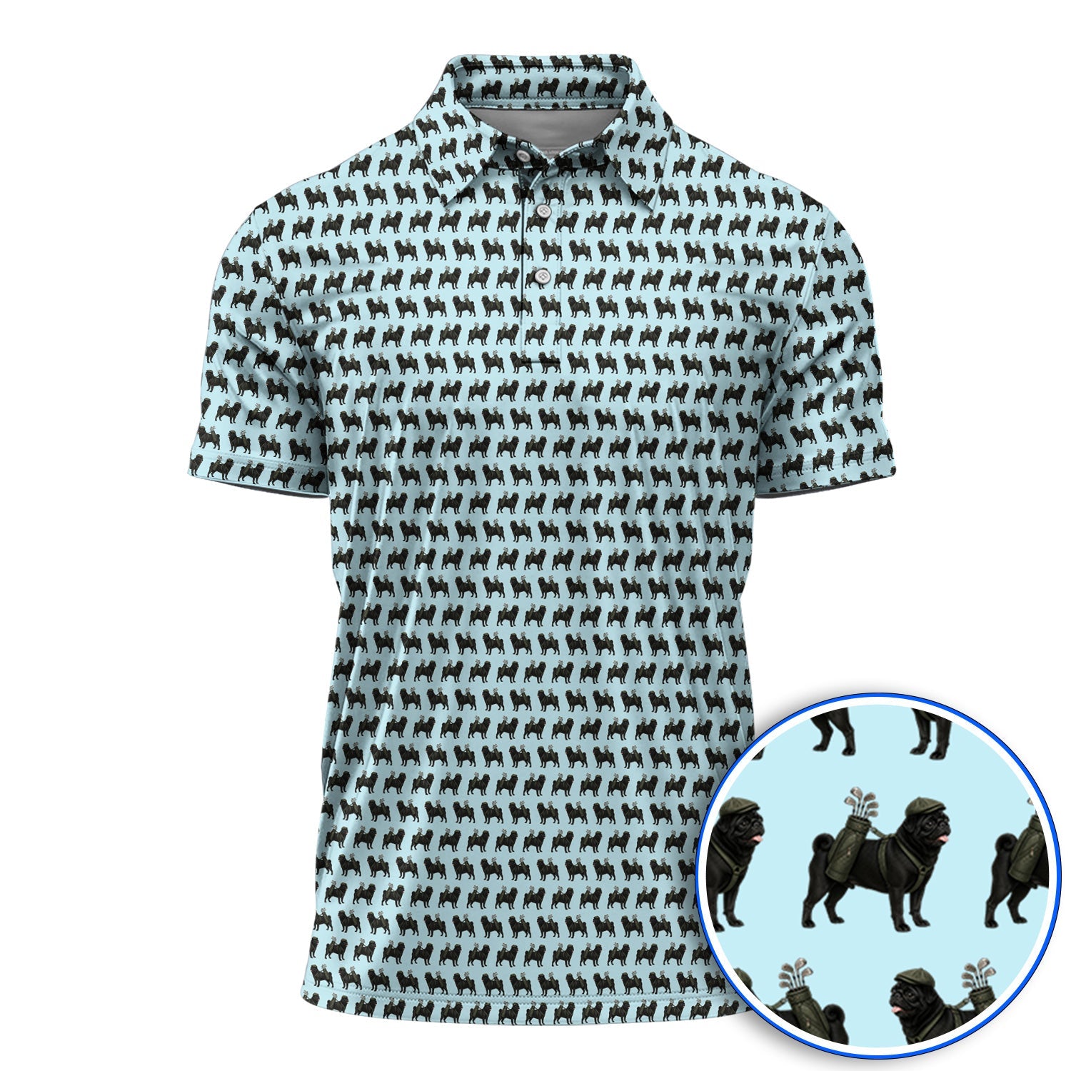 Black Pug Pattern Golf Polos, Funny Pug Golf Shirt, Golf Gift For Golfer