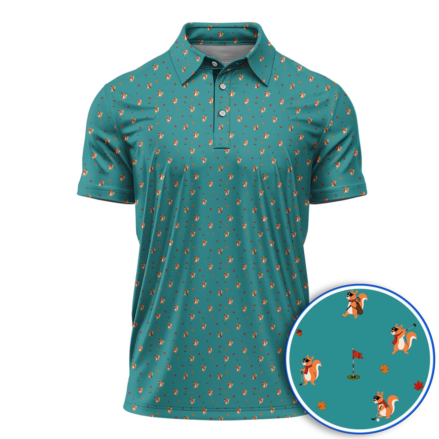Fall Pattern Golf Polos, Autumn Squirrel Golf Shirt, Crazy Golf Gift For Golfer