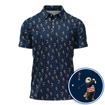 Patriotic Bald Eagle Golf Polos, American Flag Eagle Pattern Golf Shirt, USA Golf Gift For Golfer