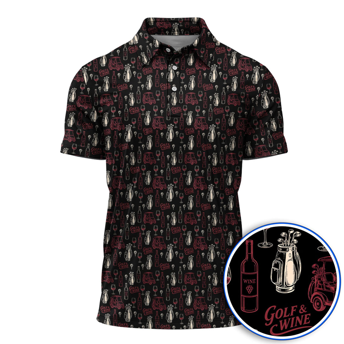 Funny Golf & Wine Pattern Golf Polos, Funny Golf Shirt For Wine Lover, Golf Gift For Golfer