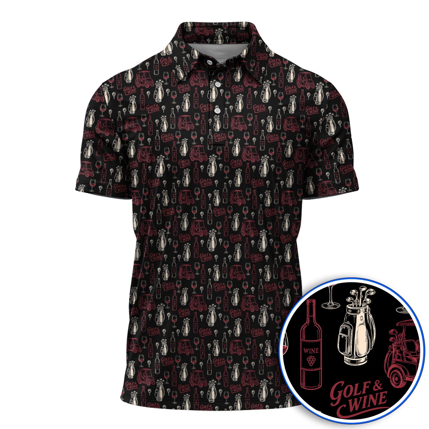 Funny Golf & Wine Pattern Golf Polos, Funny Golf Shirt For Wine Lover, Golf Gift For Golfer