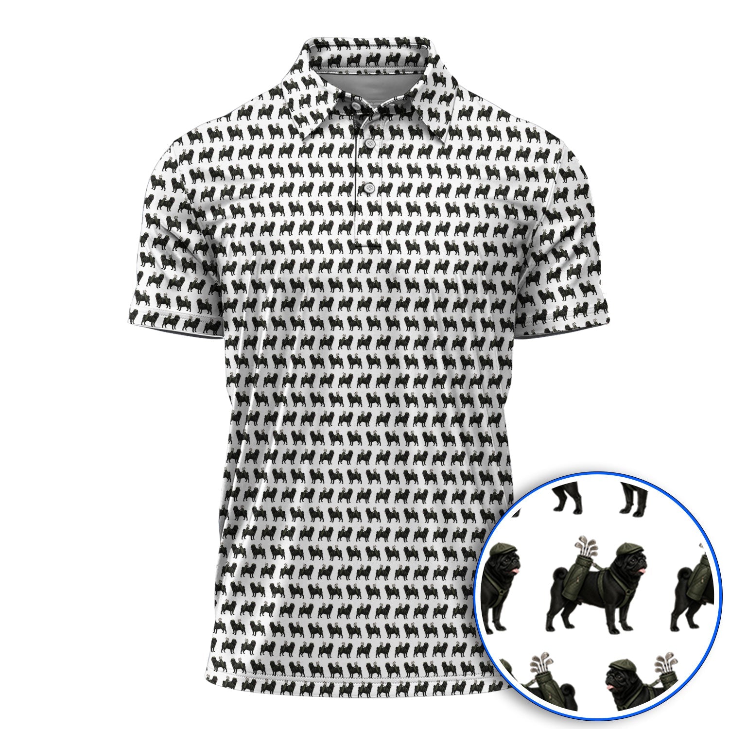 Black Pug Pattern Golf Polos, Funny Pug Golf Shirt, Golf Gift For Golfer