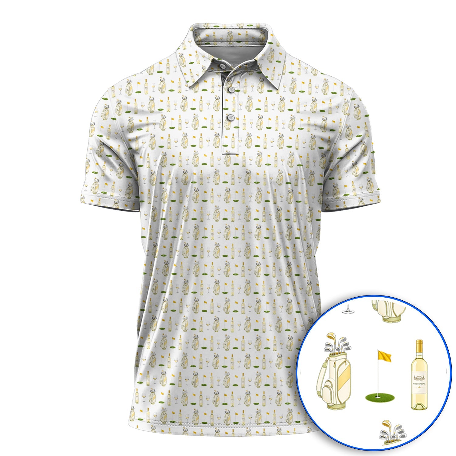 White Wine Pattern Golf Polos, Elegant Winery Golf Shirt, Wine Golf Gift For Golfer
