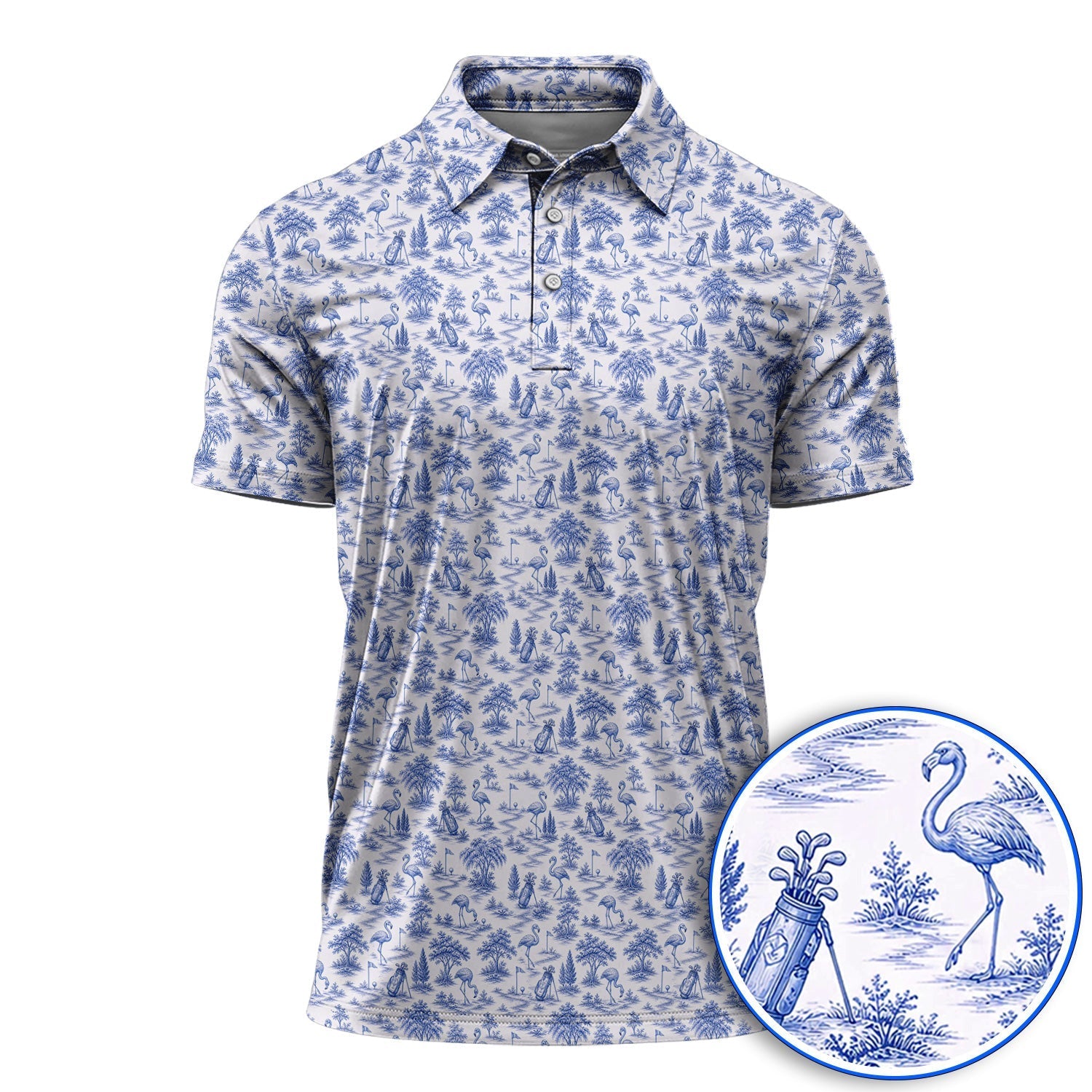Toile De Jouy Flamingo Pattern Golf Shirt, Crazy Pink Golf Polos, Golf Gift For Golfer