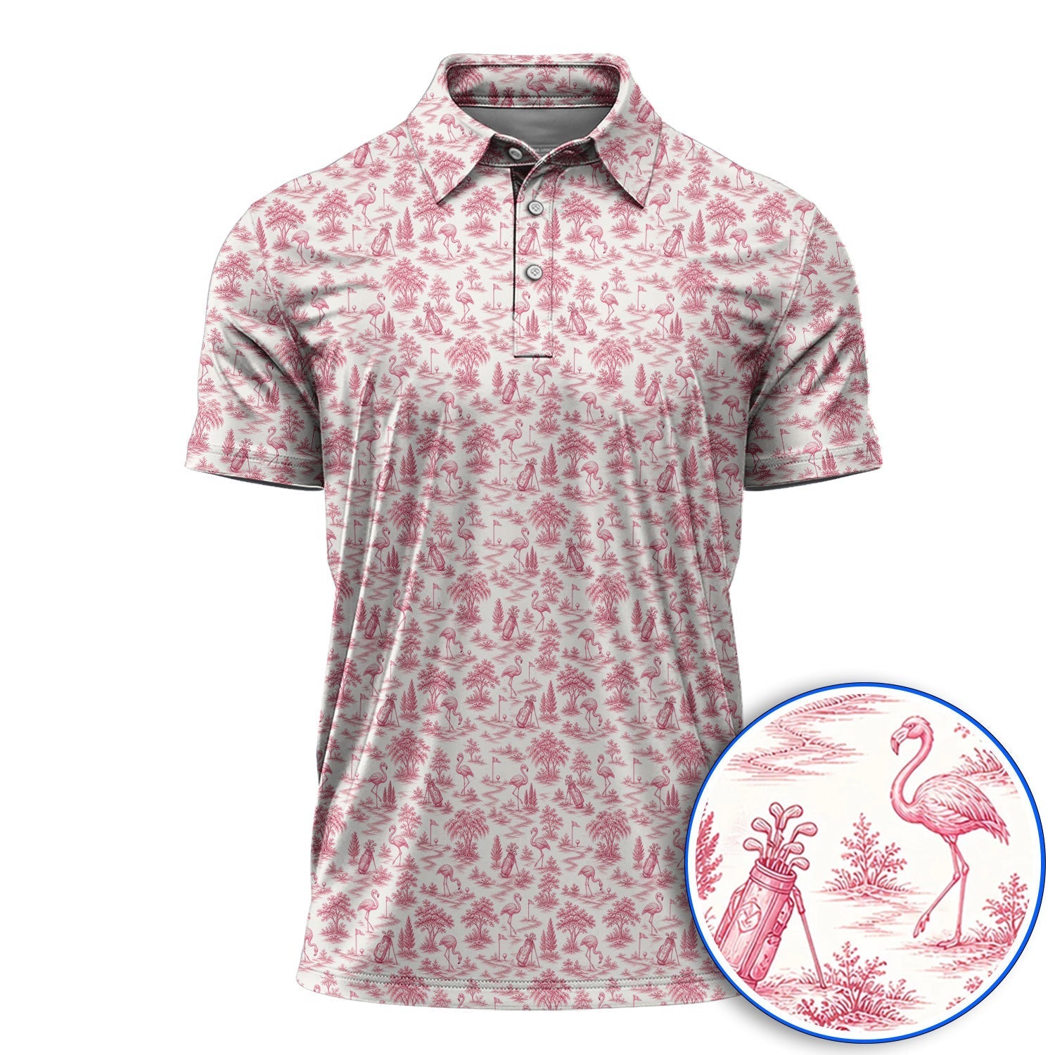 Toile De Jouy Flamingo Pattern Golf Shirt, Crazy Pink Golf Polos, Golf Gift For Golfer