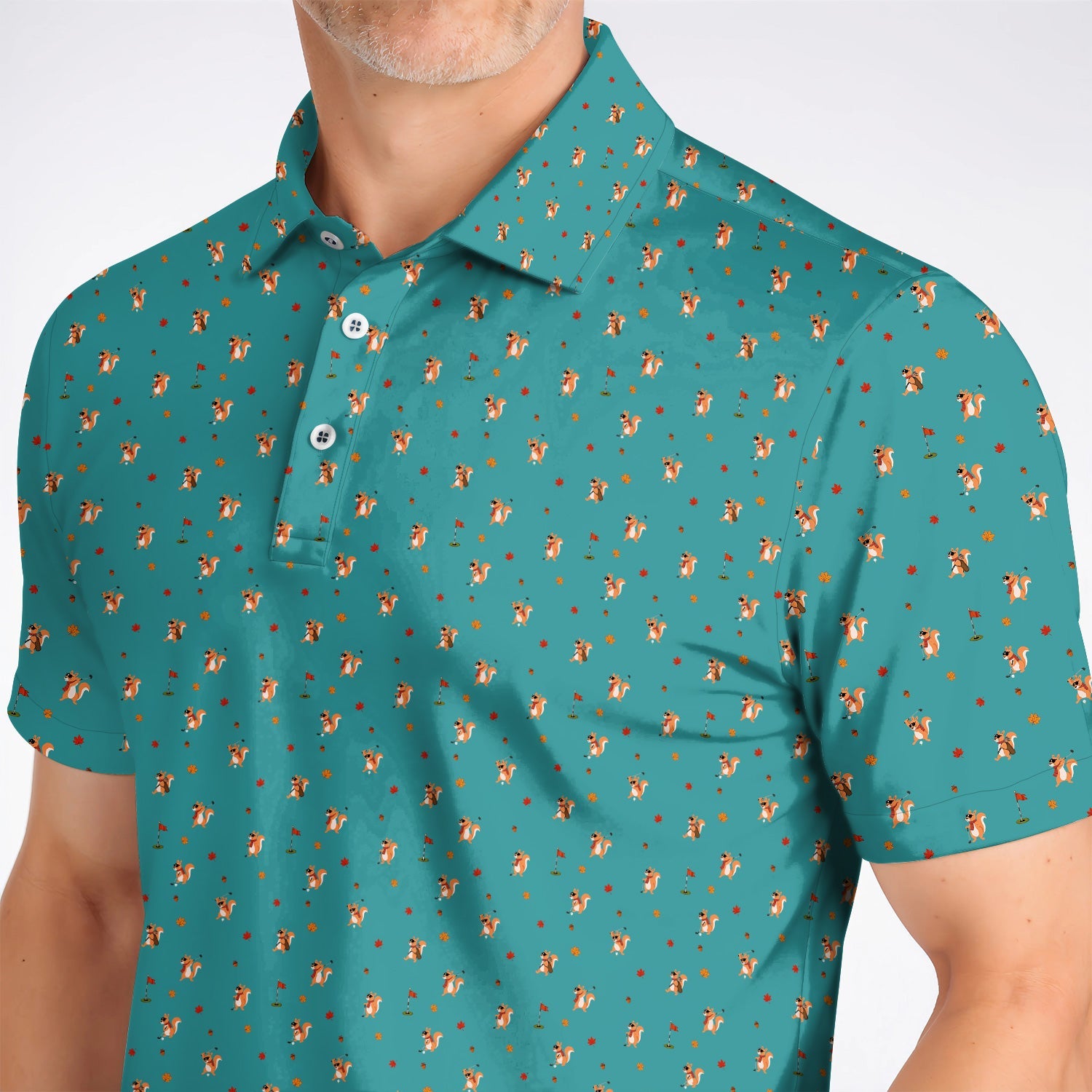 Fall Pattern Golf Polos, Autumn Squirrel Golf Shirt, Crazy Golf Gift For Golfer