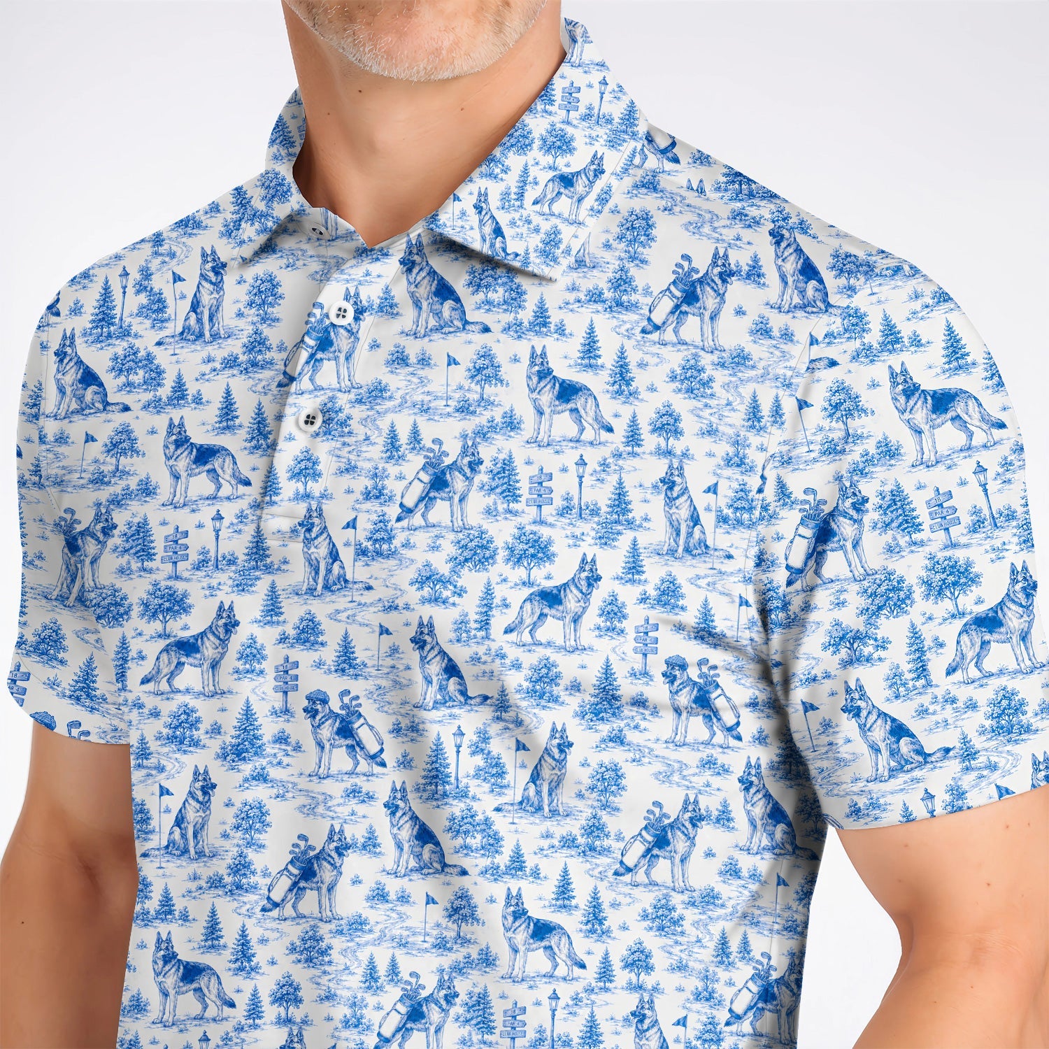 Toile De Jouy German Shepherd Golf Polos, German Shepherd Pattern Golf Shirt, Dog Dad Golf Gift