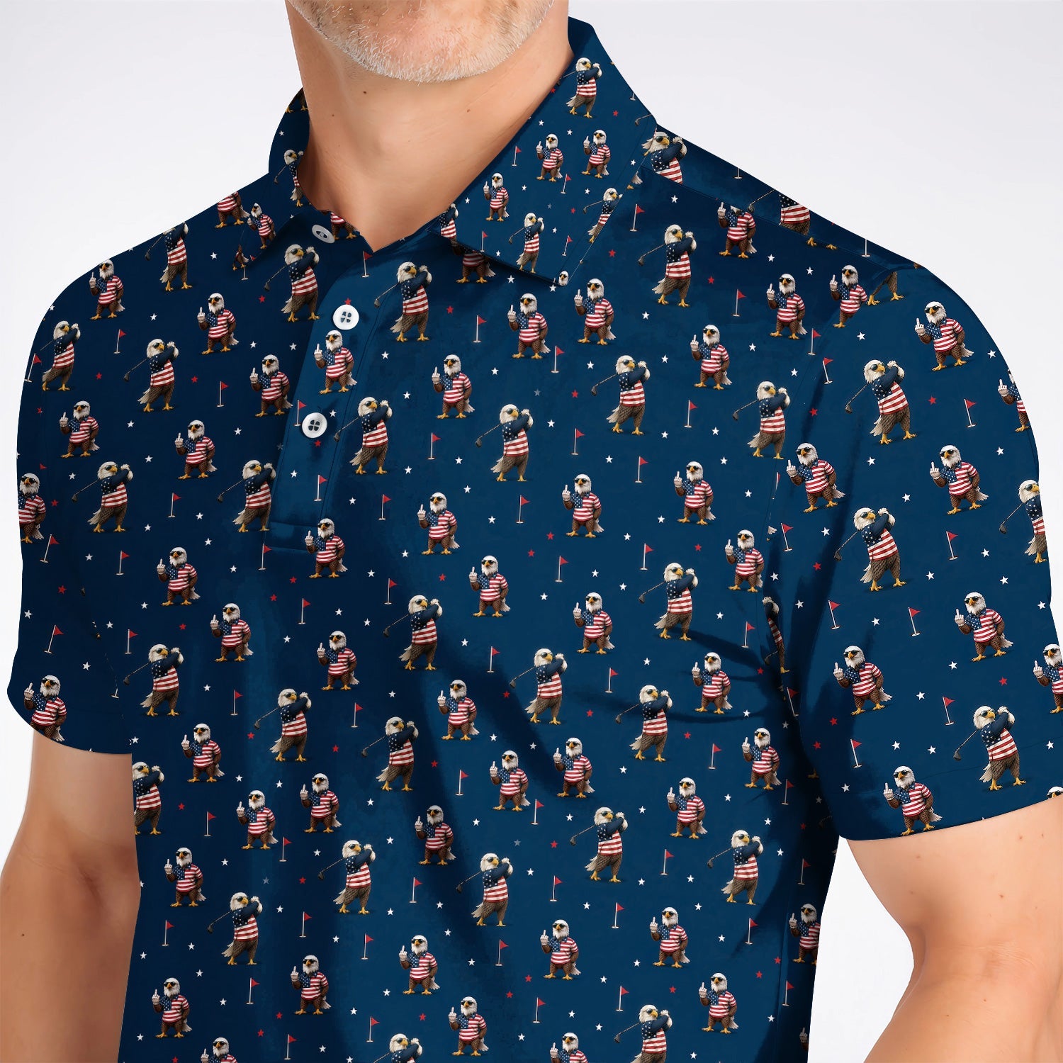 Patriotic Bald Eagle Golf Polos, American Flag Eagle Pattern Golf Shirt, USA Golf Gift For Golfer